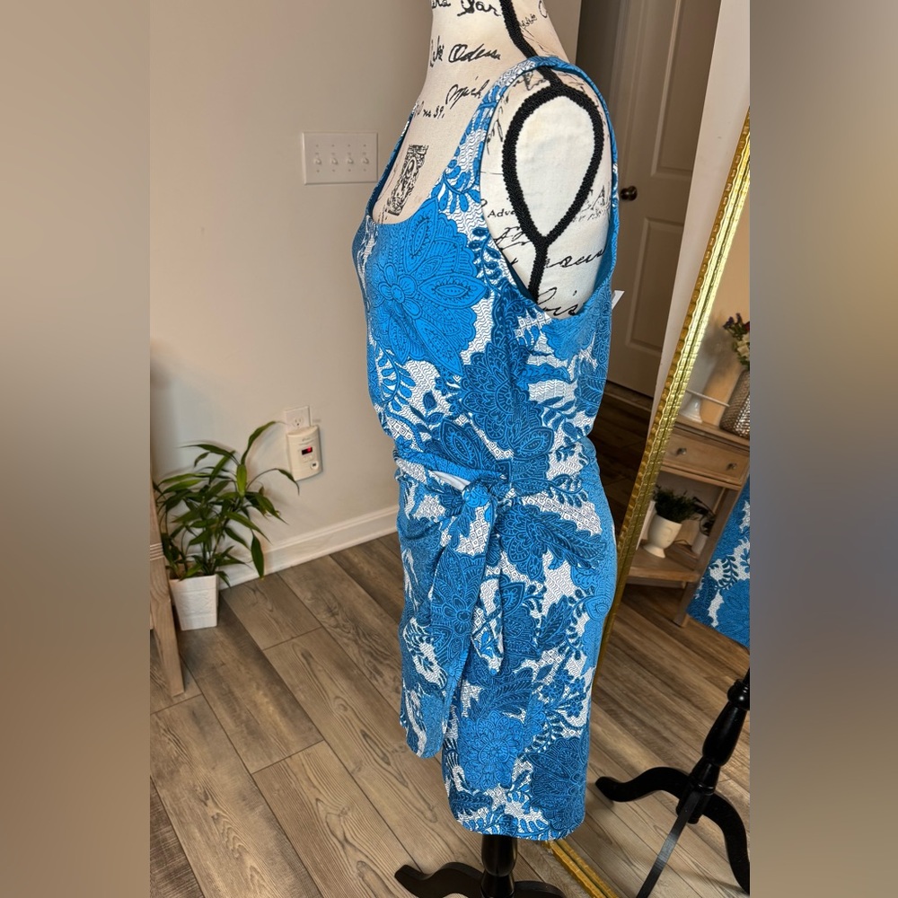 LOFT Blue Floral Tie-Waist One-Piece Swim Cover Dress - Picture 4 of 12